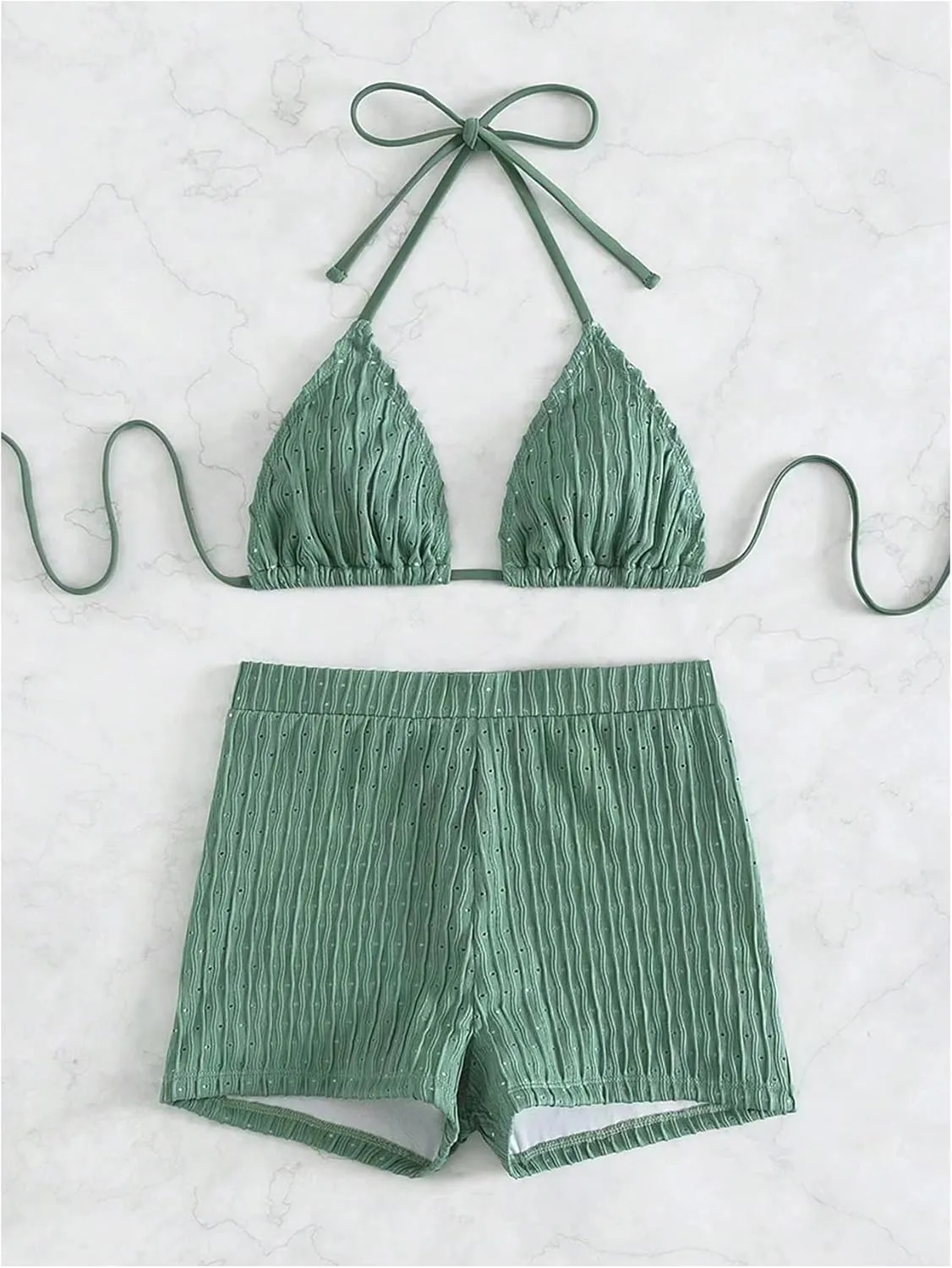 COZYEASE Women's 2 Piece Swimsuits Halter Triangle Top with High Waisted Shorts Bathing Suits Bikini Sets