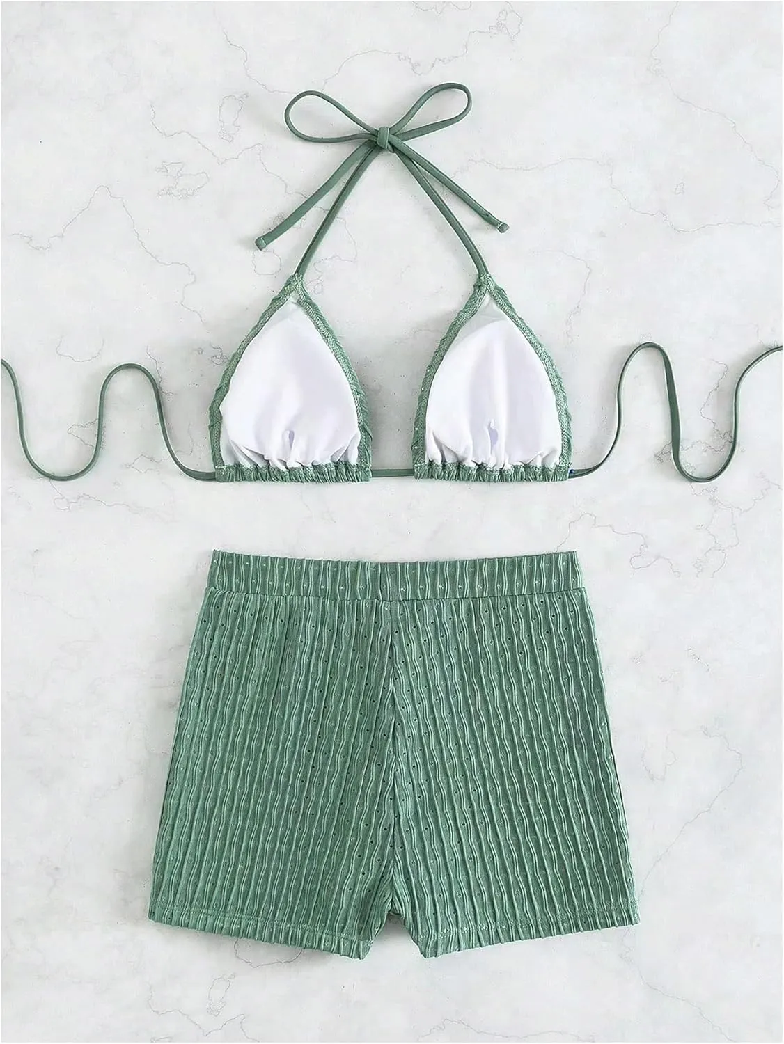 COZYEASE Women's 2 Piece Swimsuits Halter Triangle Top with High Waisted Shorts Bathing Suits Bikini Sets