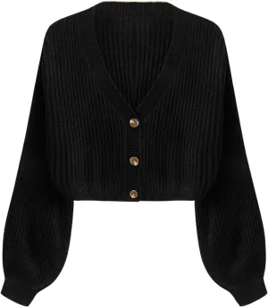 COZYEASE Women's Long Sleeve Button Down Crop Cardigan Sweater Ribbed Knit V Neck Sweater Knit Bolero Shrug