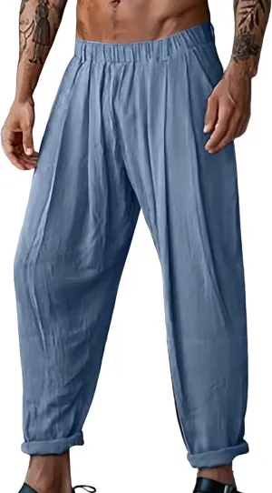 CRNTCEM Loose Fit Beach Pants for Men Drastring Pant Lightweight Summer Casual Linen Pant Elastic Waist Sports Golf Sweatpant