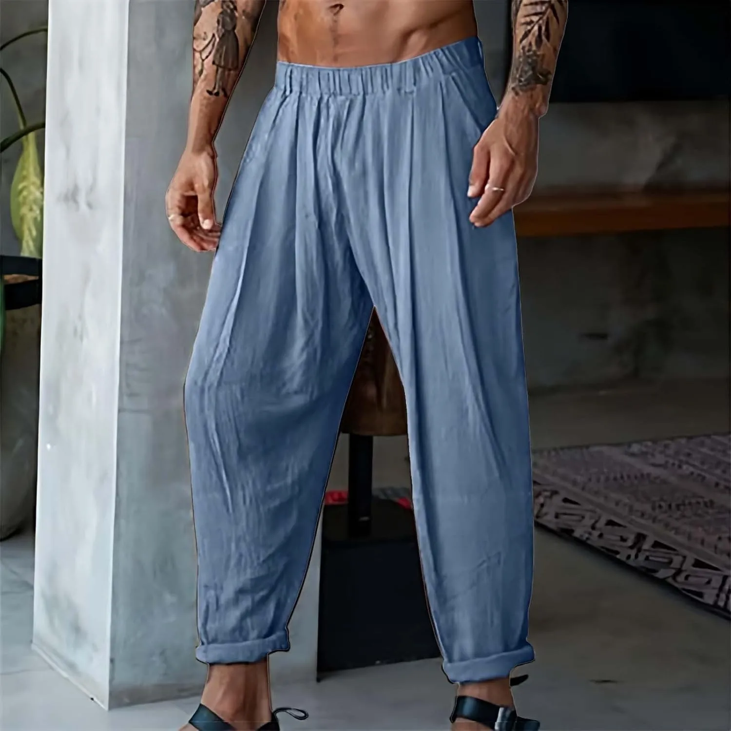 CRNTCEM Loose Fit Beach Pants for Men Drastring Pant Lightweight Summer Casual Linen Pant Elastic Waist Sports Golf Sweatpant