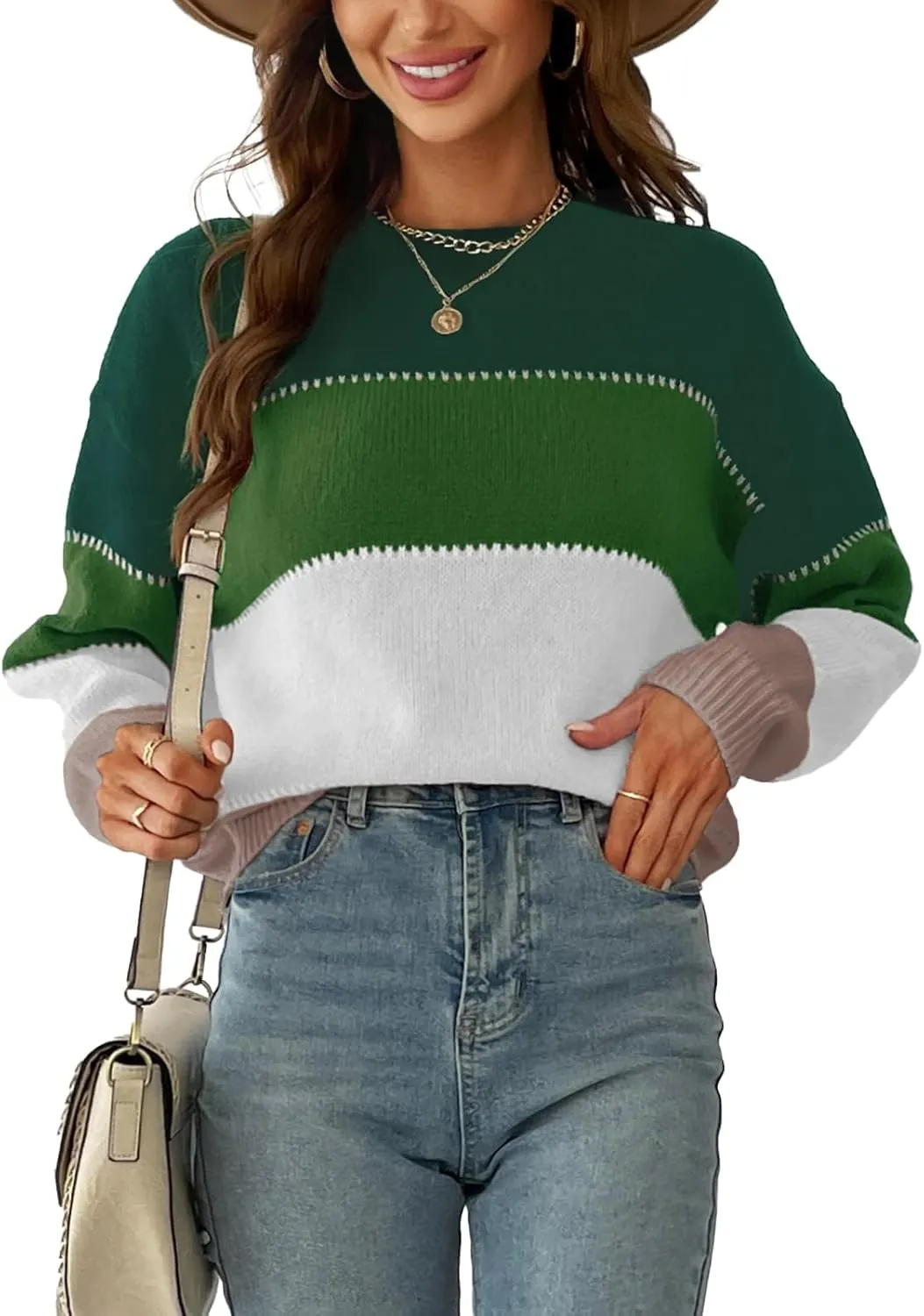 CUPSHE Women's Striped Color Block Sweater Long Sleeve Crewneck Lightweight Pullover Sweater Tops