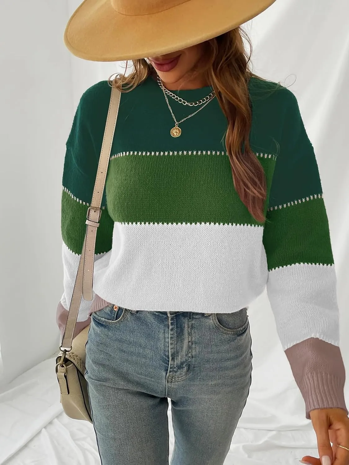 CUPSHE Women's Striped Color Block Sweater Long Sleeve Crewneck Lightweight Pullover Sweater Tops