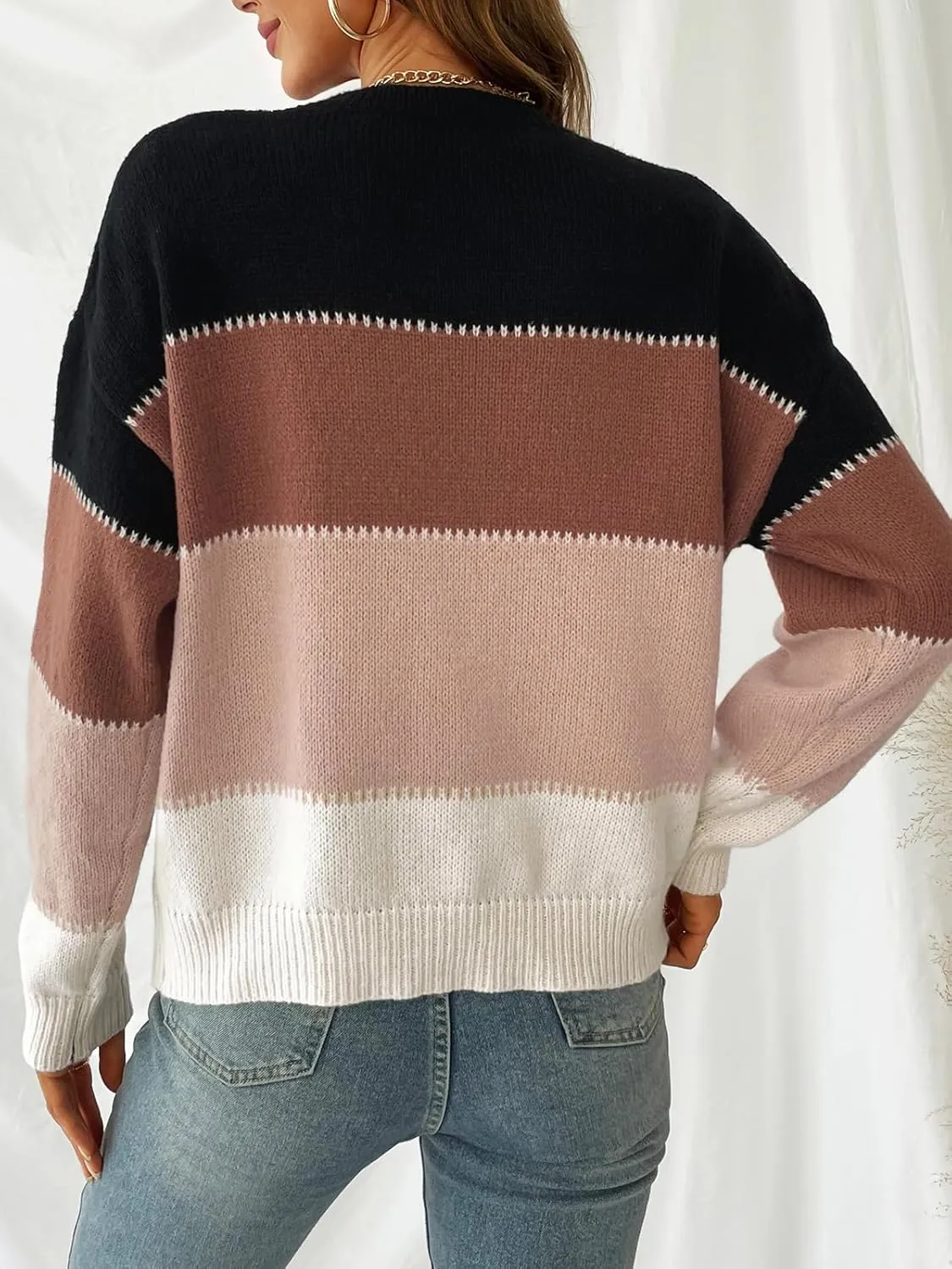 CUPSHE Women's Striped Color Block Sweater Long Sleeve Crewneck Lightweight Pullover Sweater Tops