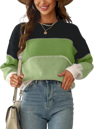 CUPSHE Women's Striped Color Block Sweater Long Sleeve Crewneck Lightweight Pullover Sweater Tops