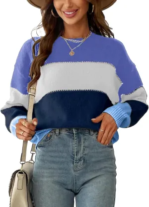 CUPSHE Women's Striped Color Block Sweater Long Sleeve Crewneck Lightweight Pullover Sweater Tops