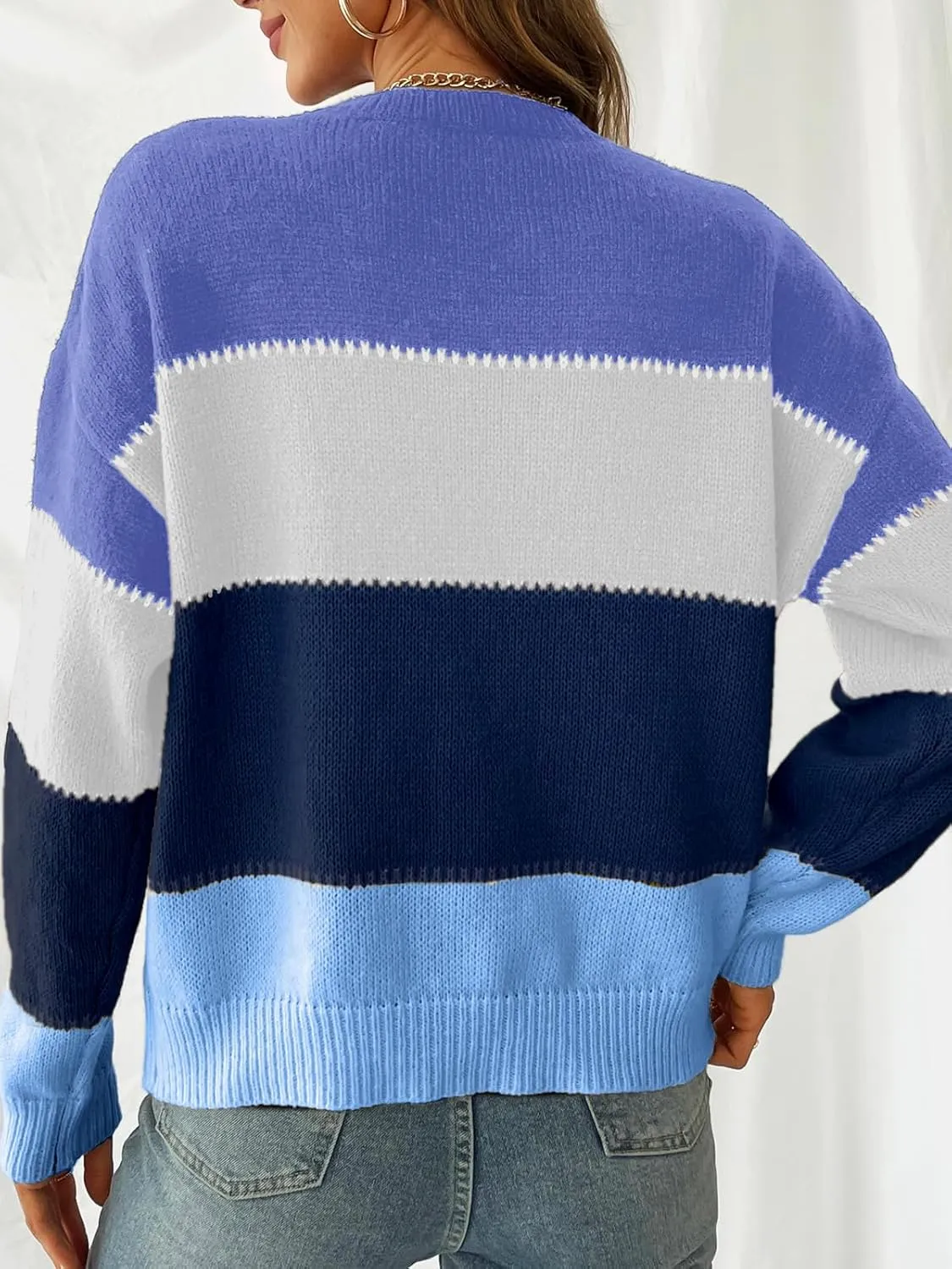 CUPSHE Women's Striped Color Block Sweater Long Sleeve Crewneck Lightweight Pullover Sweater Tops