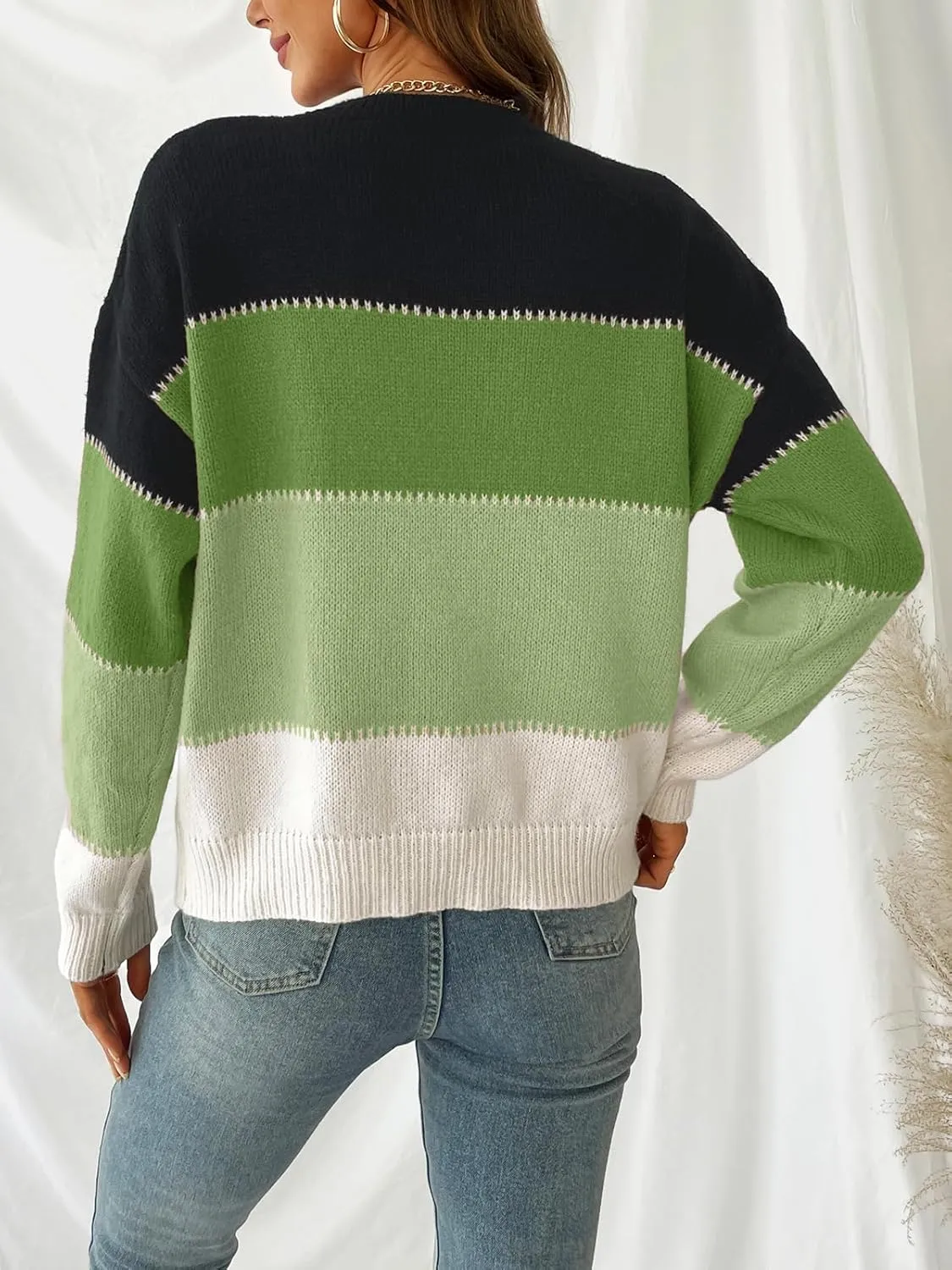 CUPSHE Women's Striped Color Block Sweater Long Sleeve Crewneck Lightweight Pullover Sweater Tops