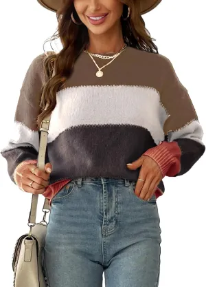 CUPSHE Women's Striped Color Block Sweater Long Sleeve Crewneck Lightweight Pullover Sweater Tops