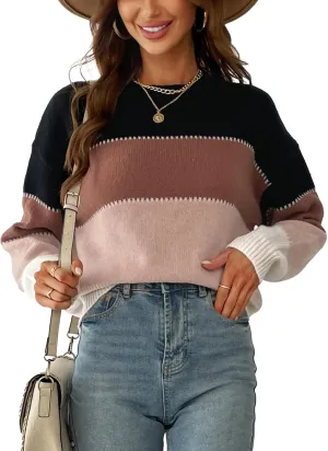 CUPSHE Women's Striped Color Block Sweater Long Sleeve Crewneck Lightweight Pullover Sweater Tops