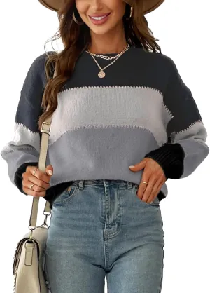 CUPSHE Women's Striped Color Block Sweater Long Sleeve Crewneck Lightweight Pullover Sweater Tops