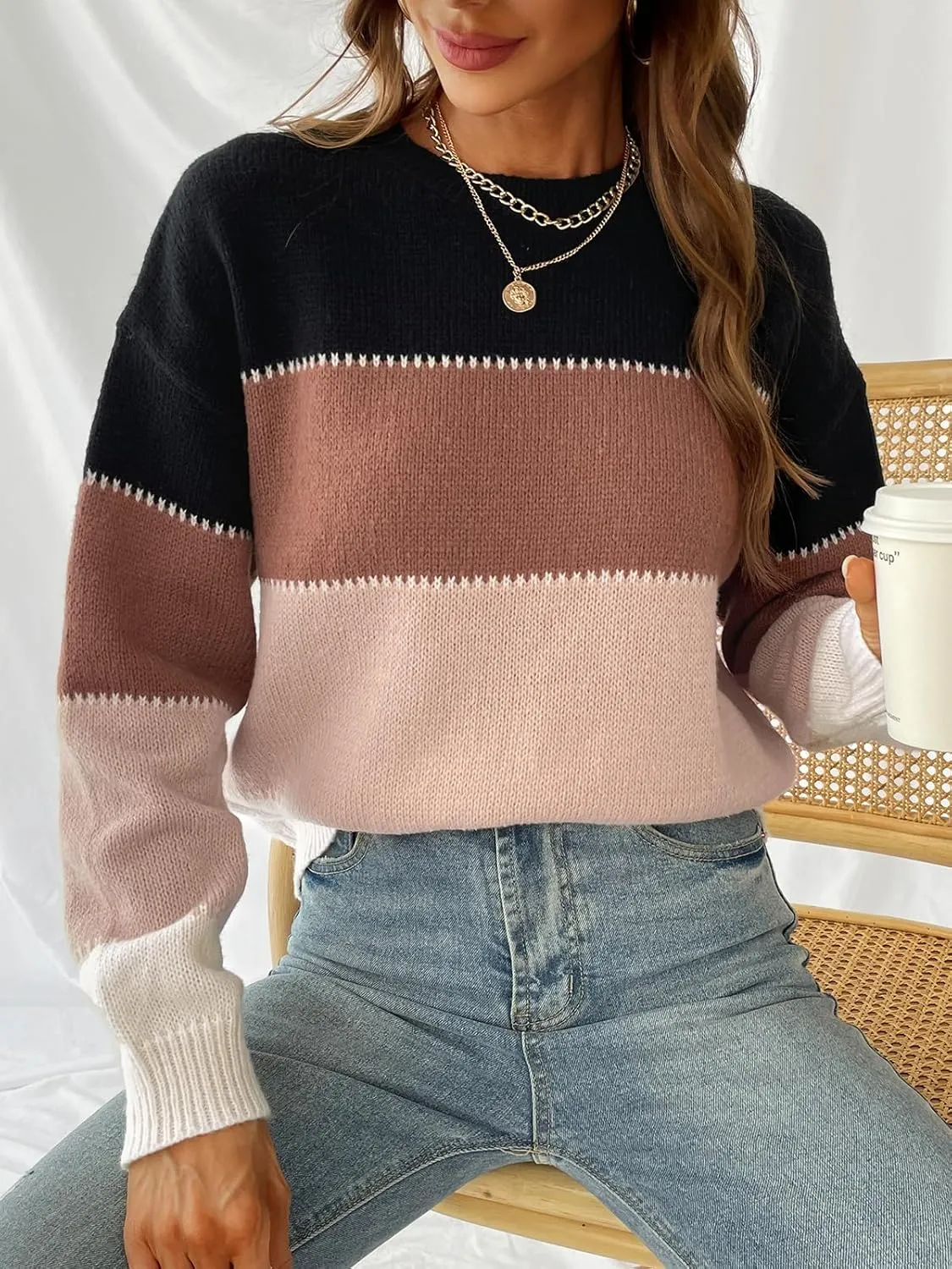 CUPSHE Women's Striped Color Block Sweater Long Sleeve Crewneck Lightweight Pullover Sweater Tops