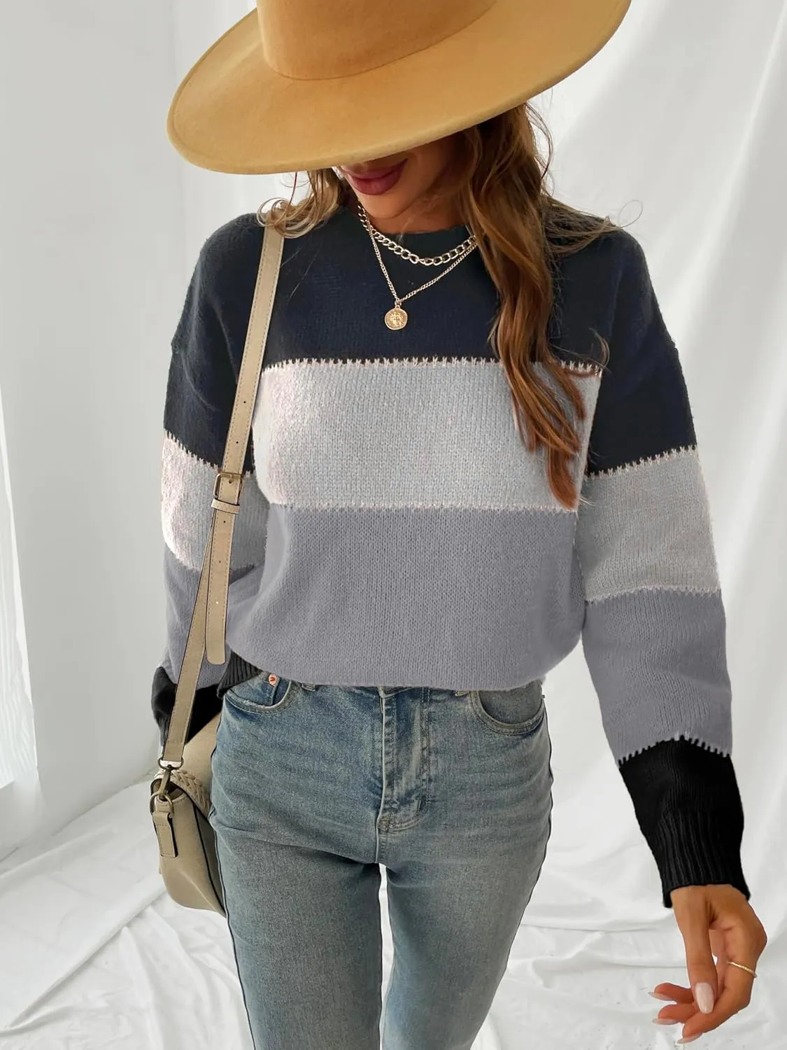 CUPSHE Women's Striped Color Block Sweater Long Sleeve Crewneck Lightweight Pullover Sweater Tops