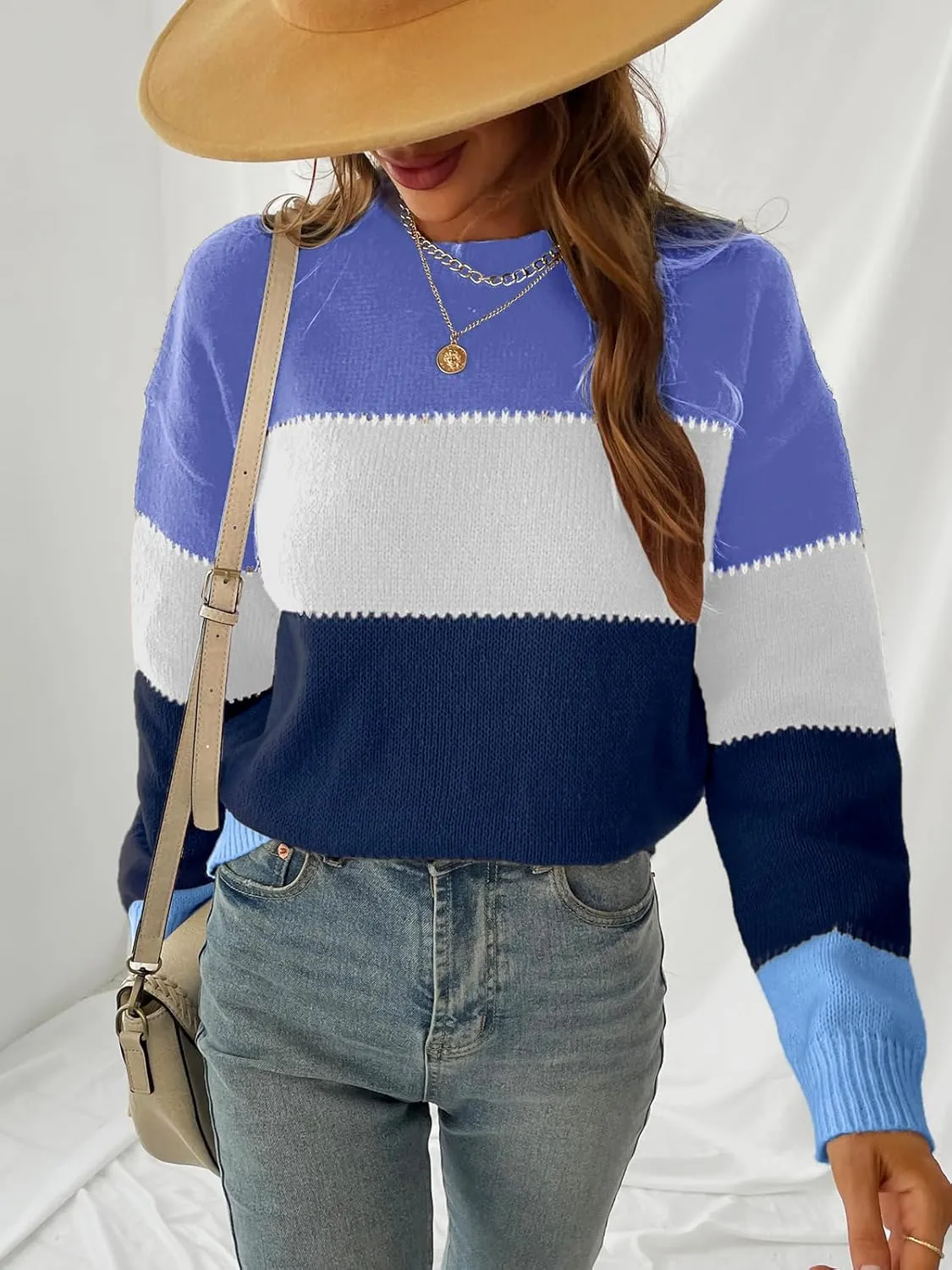CUPSHE Women's Striped Color Block Sweater Long Sleeve Crewneck Lightweight Pullover Sweater Tops