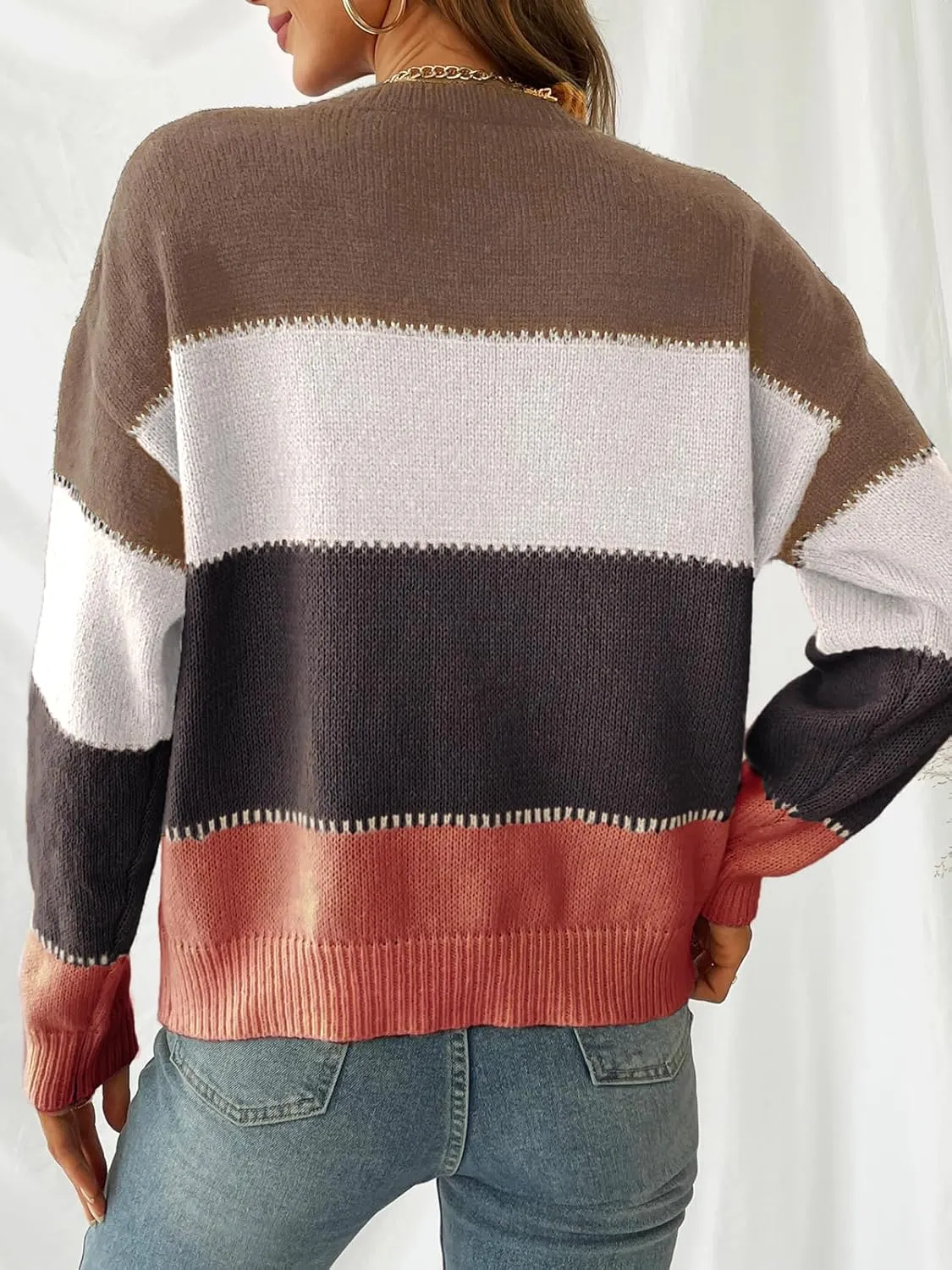 CUPSHE Women's Striped Color Block Sweater Long Sleeve Crewneck Lightweight Pullover Sweater Tops