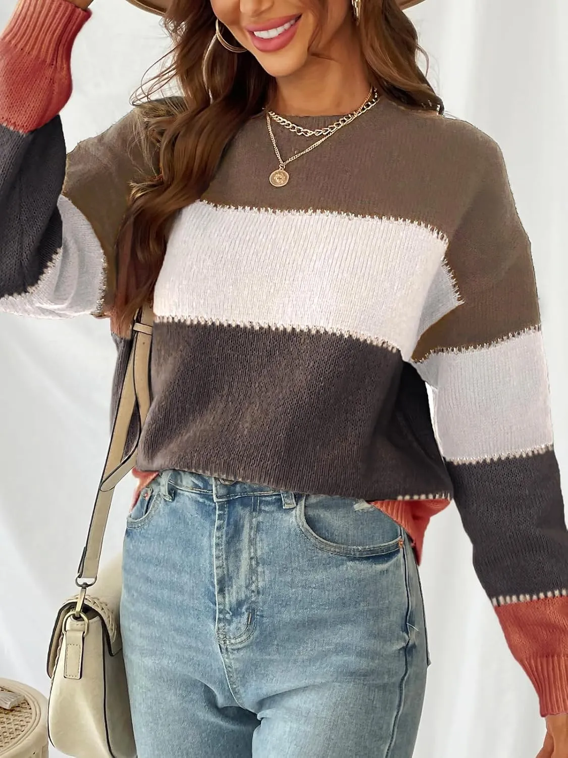 CUPSHE Women's Striped Color Block Sweater Long Sleeve Crewneck Lightweight Pullover Sweater Tops