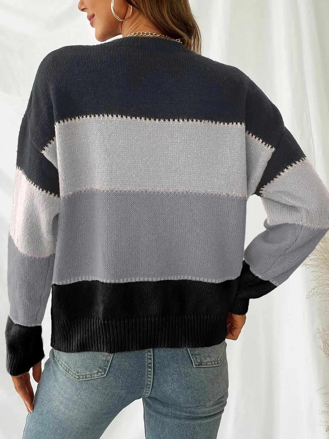 CUPSHE Women's Striped Color Block Sweater Long Sleeve Crewneck Lightweight Pullover Sweater Tops