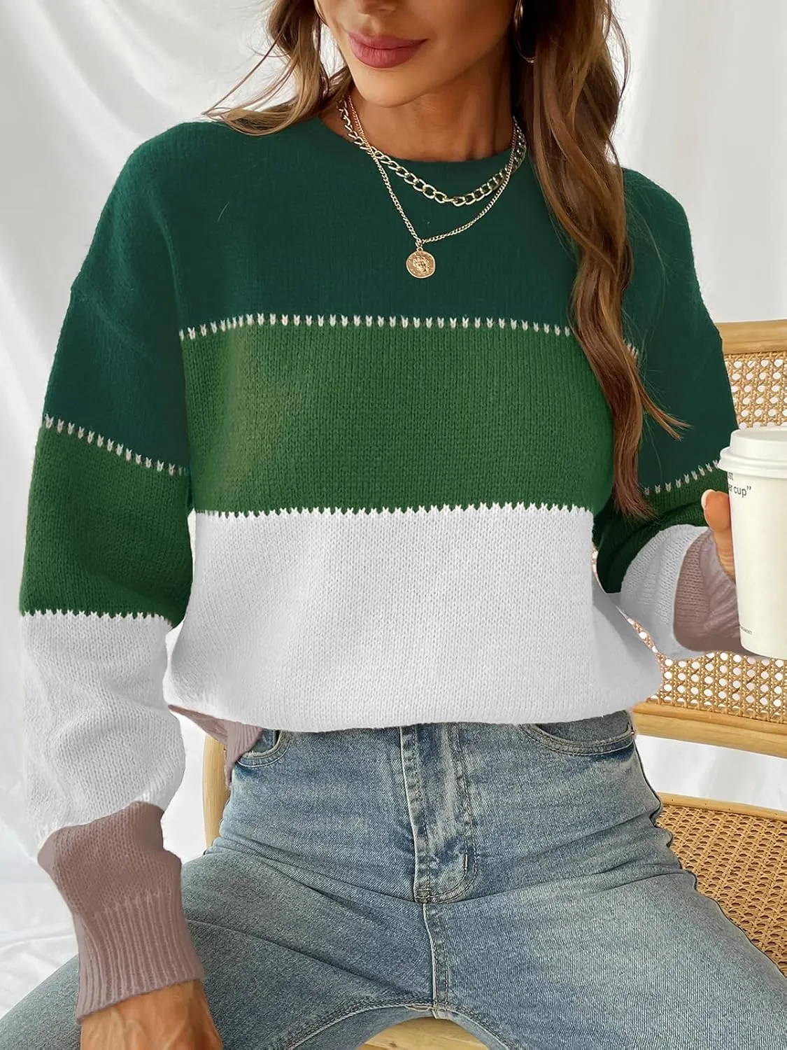 CUPSHE Women's Striped Color Block Sweater Long Sleeve Crewneck Lightweight Pullover Sweater Tops