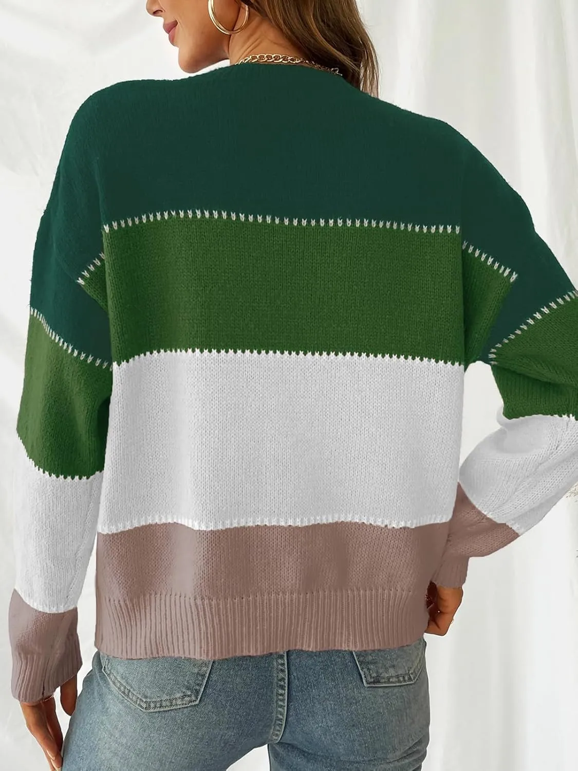 CUPSHE Women's Striped Color Block Sweater Long Sleeve Crewneck Lightweight Pullover Sweater Tops