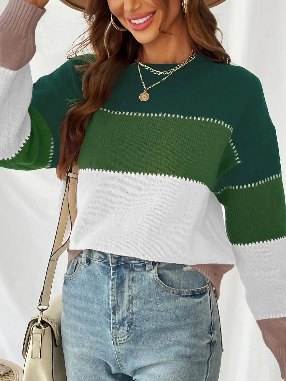 CUPSHE Women's Striped Color Block Sweater Long Sleeve Crewneck Lightweight Pullover Sweater Tops
