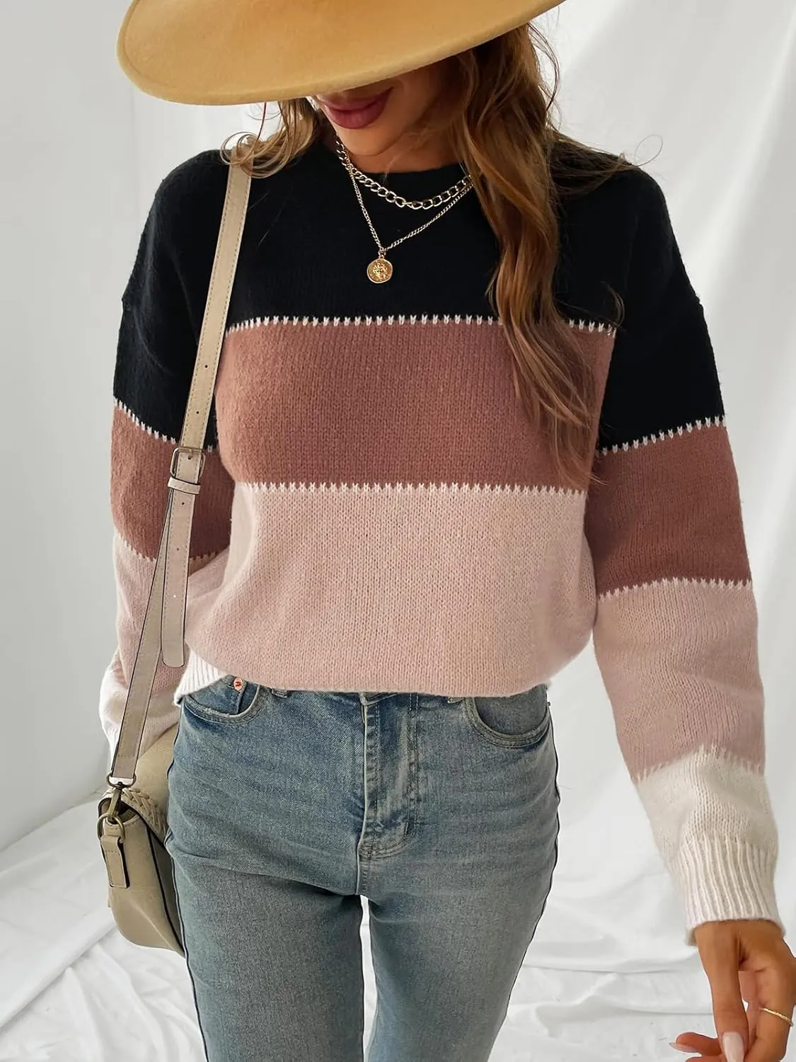 CUPSHE Women's Striped Color Block Sweater Long Sleeve Crewneck Lightweight Pullover Sweater Tops