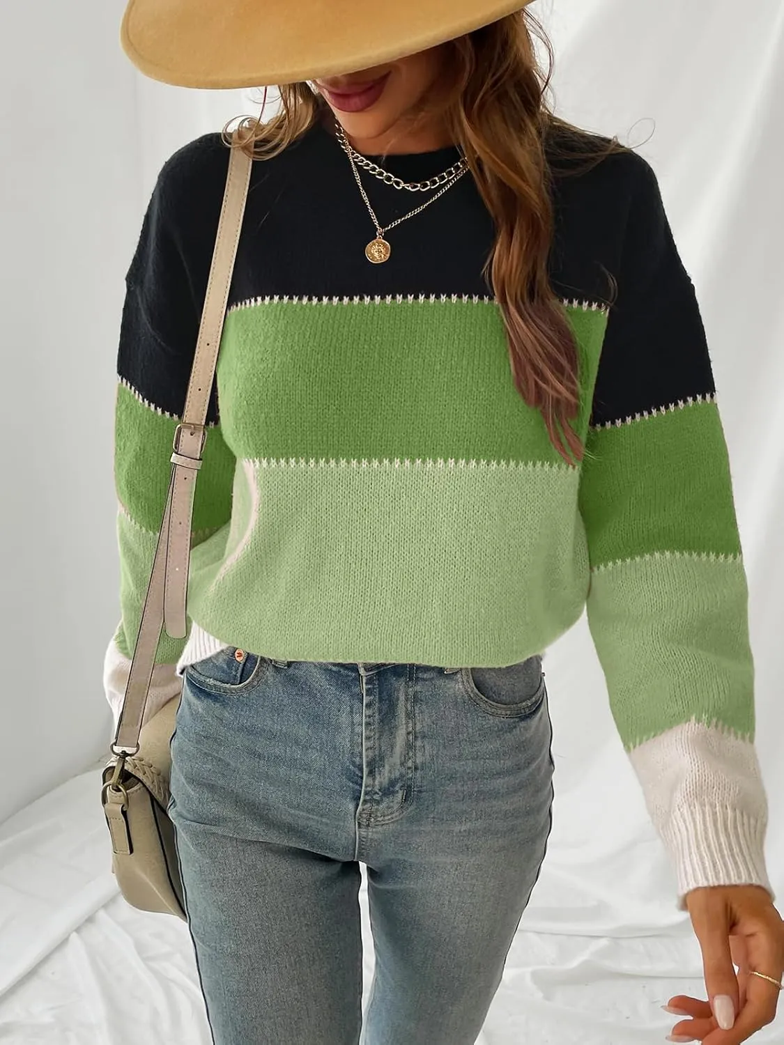 CUPSHE Women's Striped Color Block Sweater Long Sleeve Crewneck Lightweight Pullover Sweater Tops