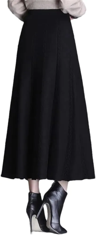 DBFBDTU Knitted Skirt Women's Elastic High Waist Solid Color Midi Skirt Office Ladies A-Line Long Skirts Female