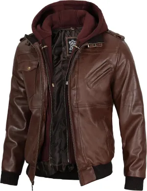 Decrum Hooded Leather Jacket Men - Casual Detachable Hood Leather Jackets for Men