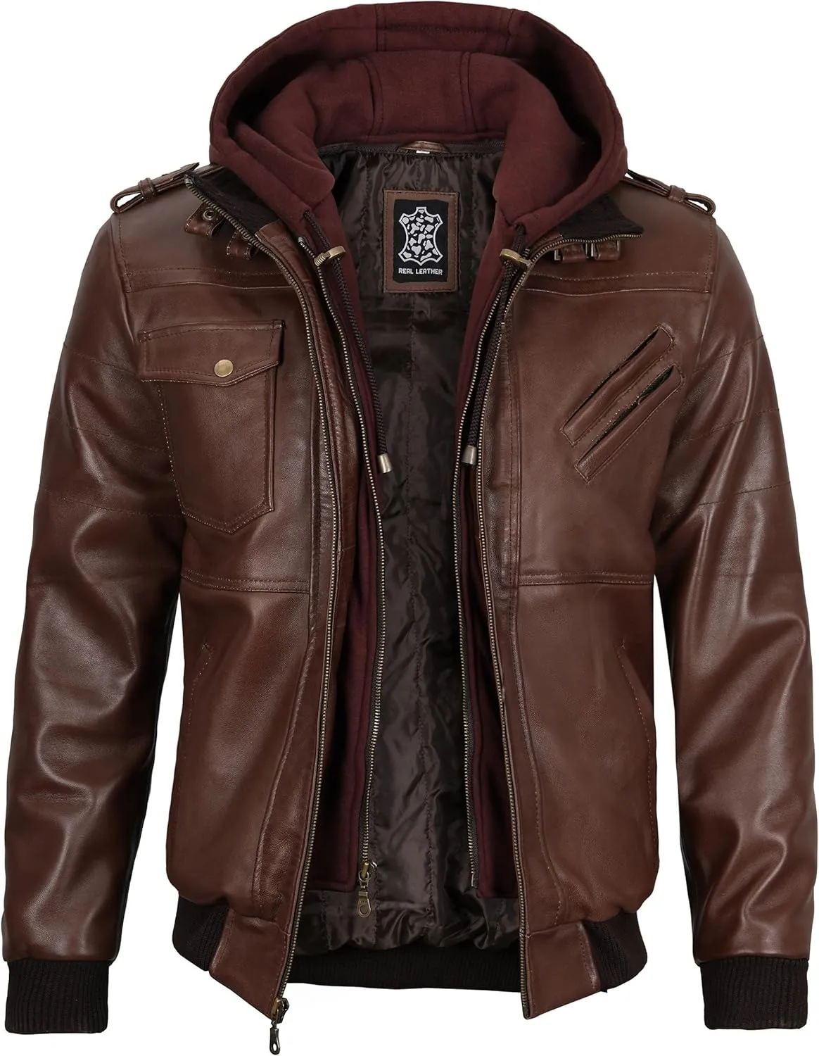 Decrum Hooded Leather Jacket Men - Casual Detachable Hood Leather Jackets for Men