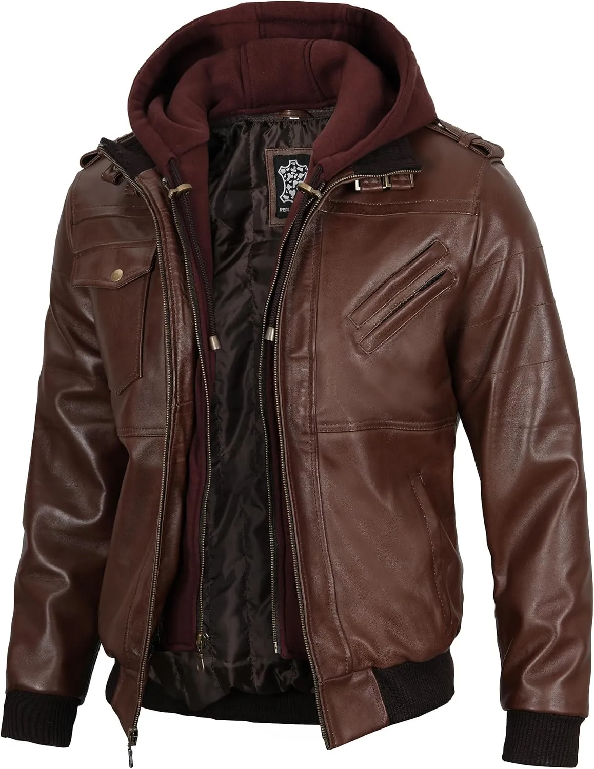 Decrum Hooded Leather Jacket Men - Casual Detachable Hood Leather Jackets for Men