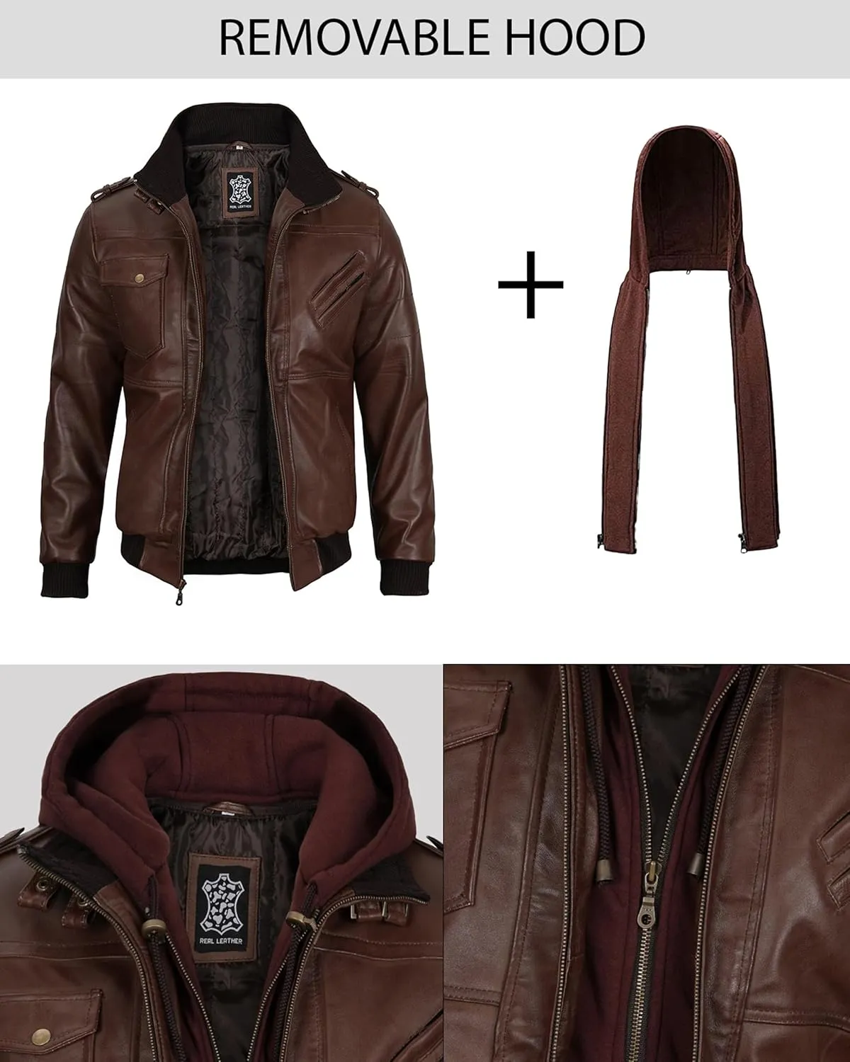 Decrum Hooded Leather Jacket Men - Casual Detachable Hood Leather Jackets for Men