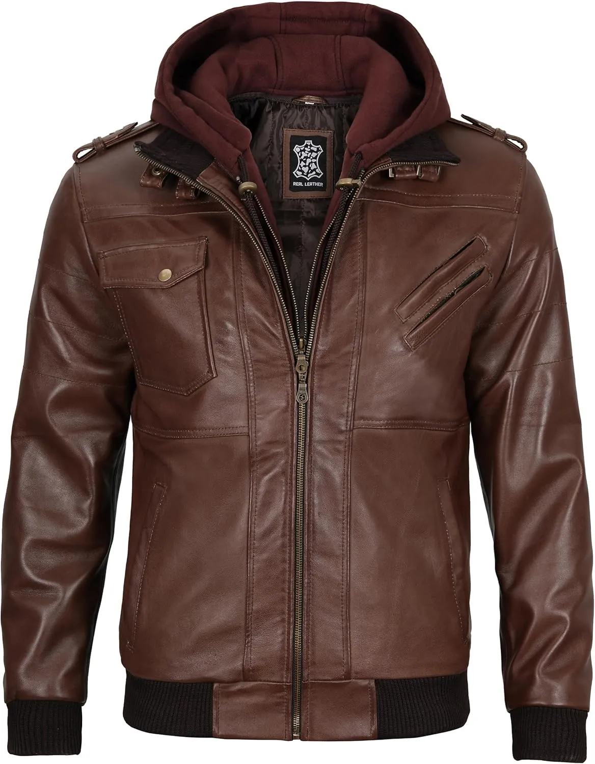 Decrum Hooded Leather Jacket Men - Casual Detachable Hood Leather Jackets for Men