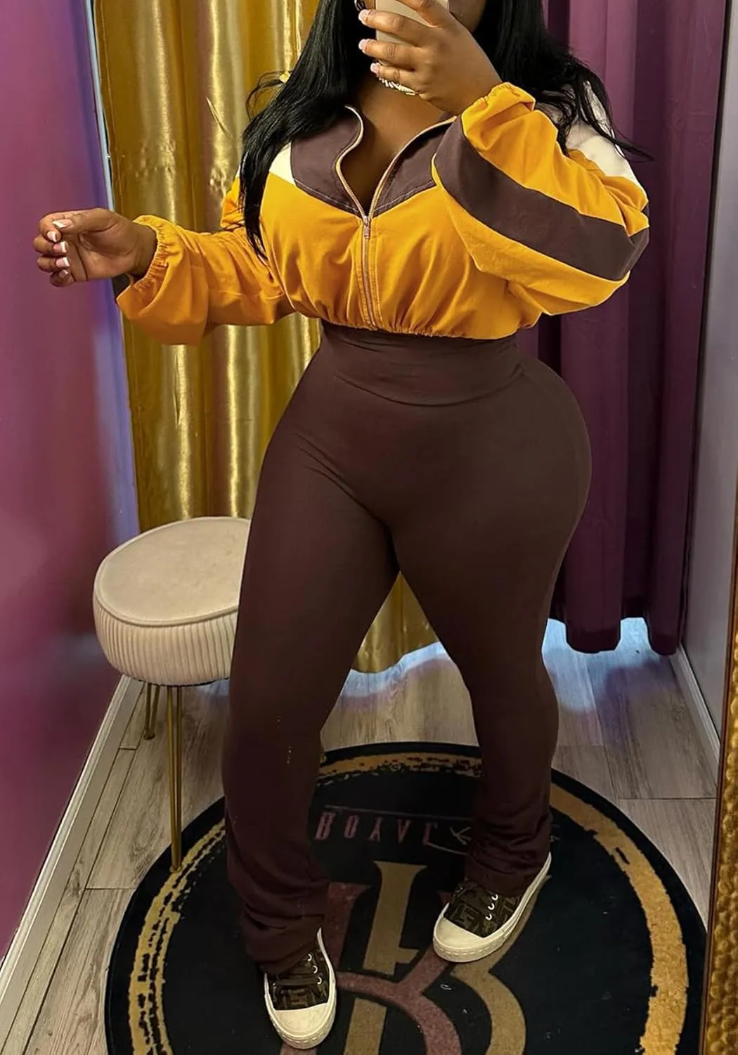 DINGANG Women's 2 Piece Sweatsuit Outfits Color Block Zip Up Cropped Jackets Flare Legging Pant Tracksuit Set