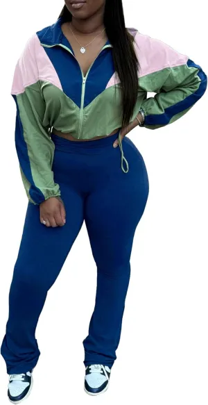 DINGANG Women's 2 Piece Sweatsuit Outfits Color Block Zip Up Cropped Jackets Flare Legging Pant Tracksuit Set
