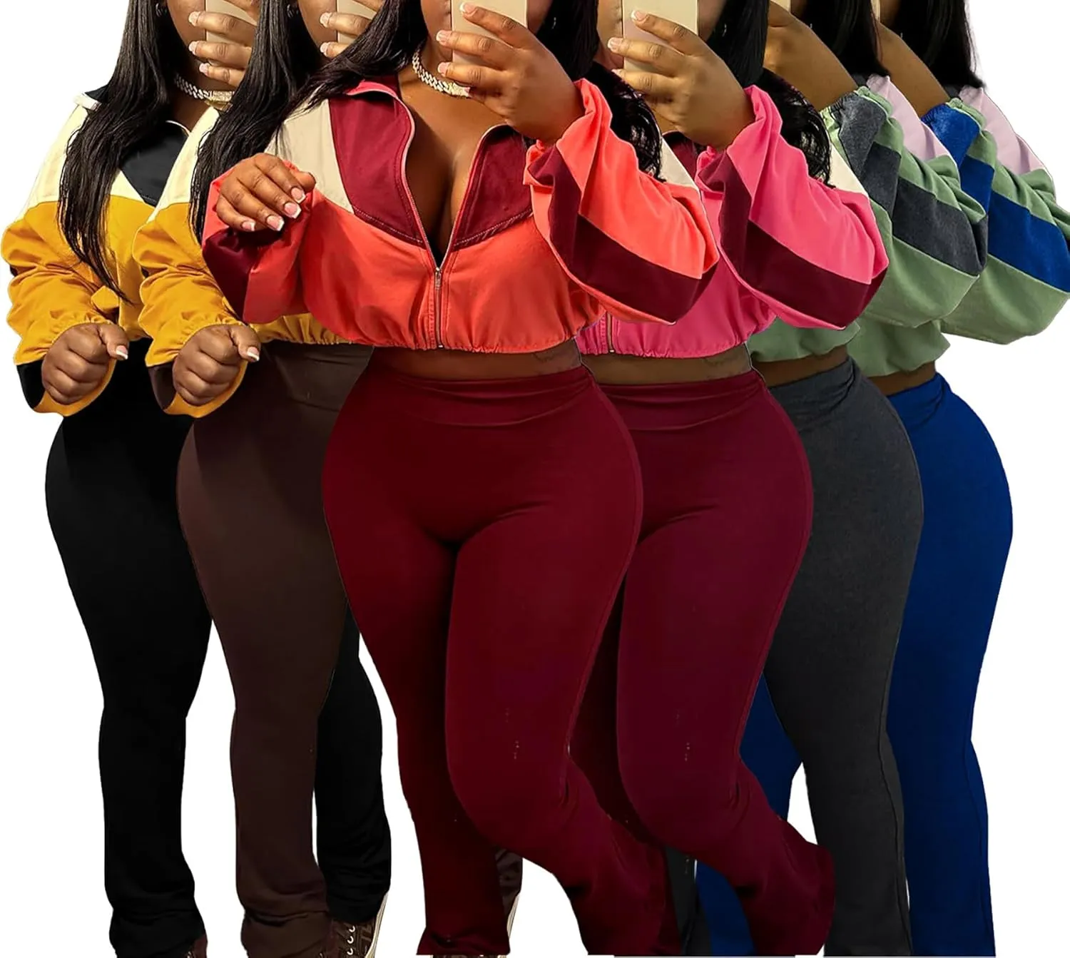 DINGANG Women's 2 Piece Sweatsuit Outfits Color Block Zip Up Cropped Jackets Flare Legging Pant Tracksuit Set