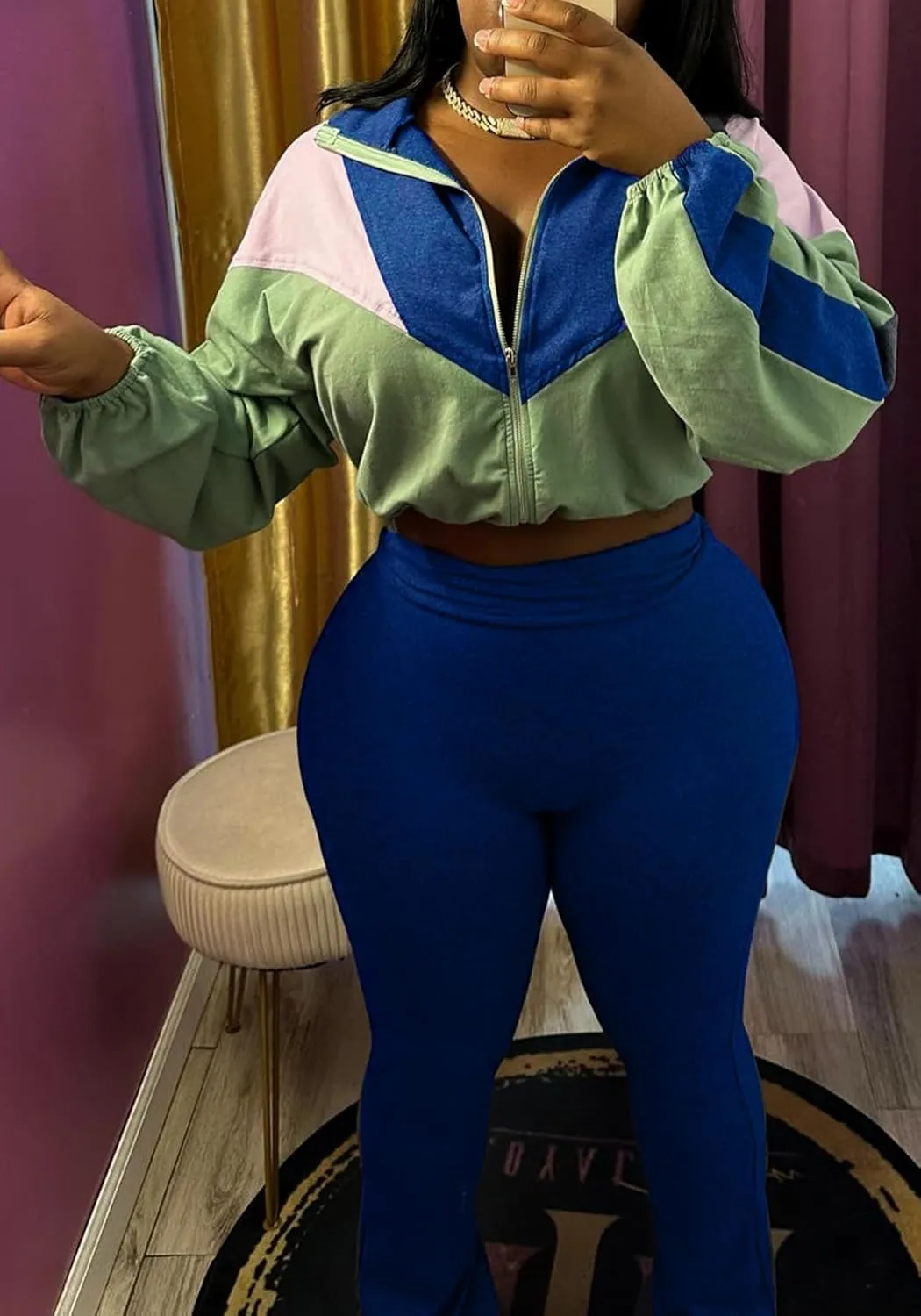DINGANG Women's 2 Piece Sweatsuit Outfits Color Block Zip Up Cropped Jackets Flare Legging Pant Tracksuit Set