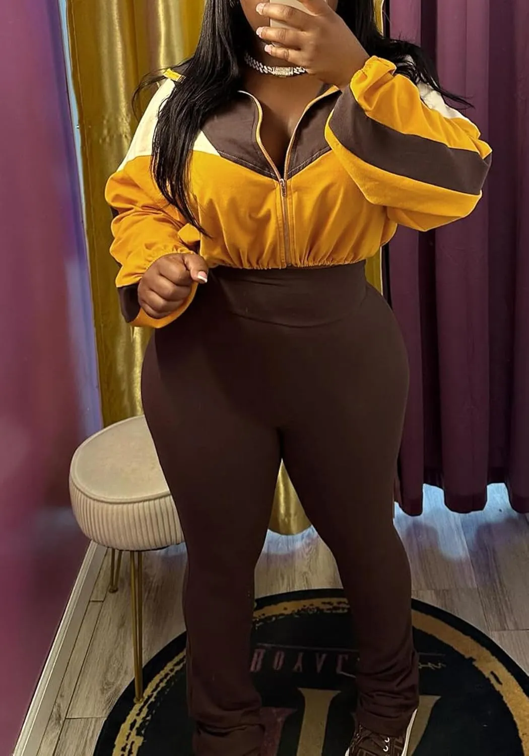 DINGANG Women's 2 Piece Sweatsuit Outfits Color Block Zip Up Cropped Jackets Flare Legging Pant Tracksuit Set