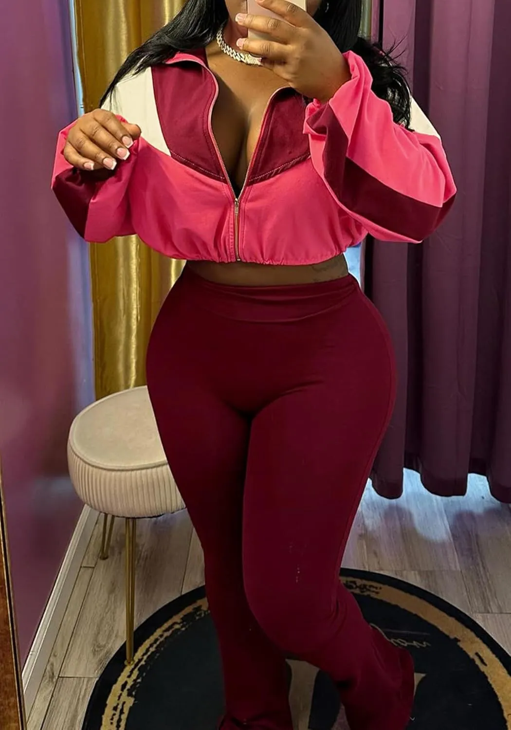 DINGANG Women's 2 Piece Sweatsuit Outfits Color Block Zip Up Cropped Jackets Flare Legging Pant Tracksuit Set