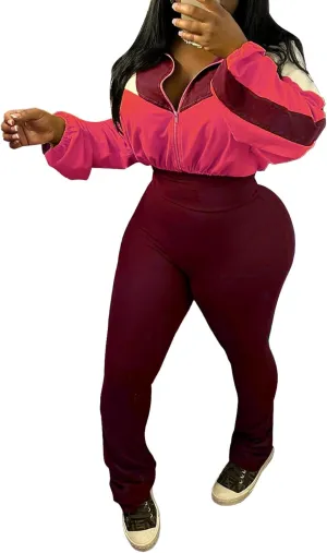 DINGANG Women's 2 Piece Sweatsuit Outfits Color Block Zip Up Cropped Jackets Flare Legging Pant Tracksuit Set