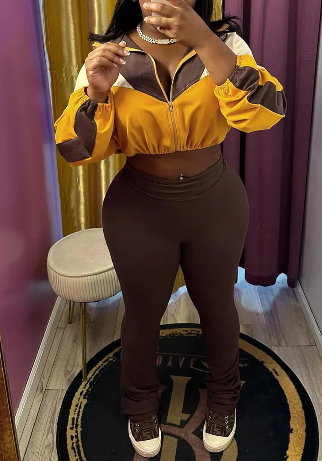 DINGANG Women's 2 Piece Sweatsuit Outfits Color Block Zip Up Cropped Jackets Flare Legging Pant Tracksuit Set