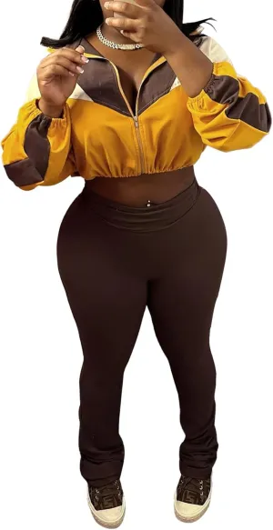 DINGANG Women's 2 Piece Sweatsuit Outfits Color Block Zip Up Cropped Jackets Flare Legging Pant Tracksuit Set