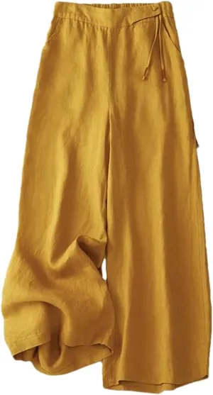 Dndrdhfb Women's Elastic Waist Wide Leg Pants Casual Cotton and Linen Harem Pants