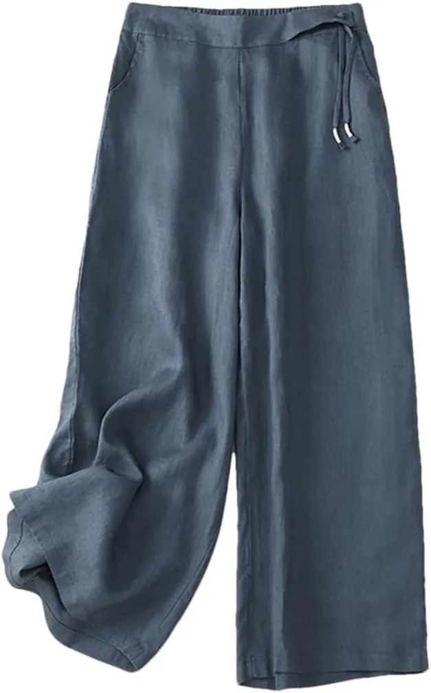 Dndrdhfb Women's Elastic Waist Wide Leg Pants Casual Cotton and Linen Harem Pants