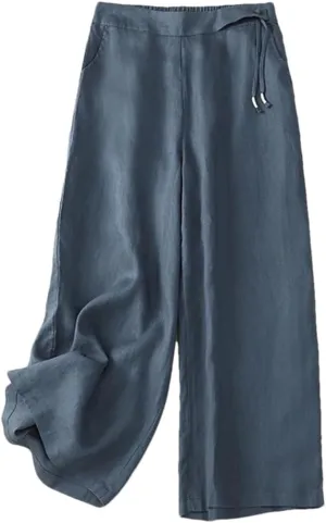 Dndrdhfb Women's Elastic Waist Wide Leg Pants Casual Cotton and Linen Harem Pants