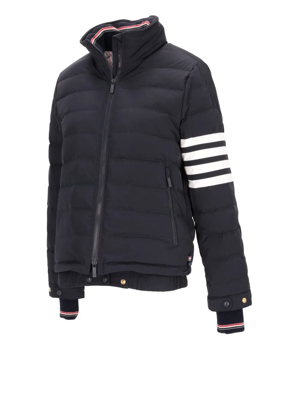 DOWN FILL FUNNEL NECK ROLL OUT HOOD SKI JACKET W/ 4 BAR INTARSIA IN POLY TWILL