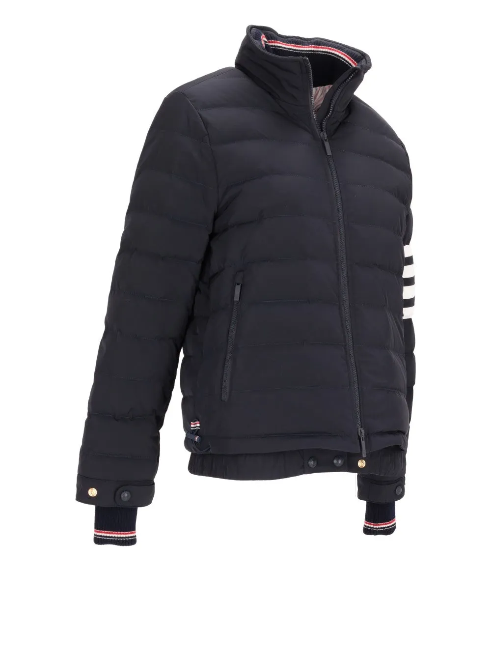 DOWN FILL FUNNEL NECK ROLL OUT HOOD SKI JACKET W/ 4 BAR INTARSIA IN POLY TWILL