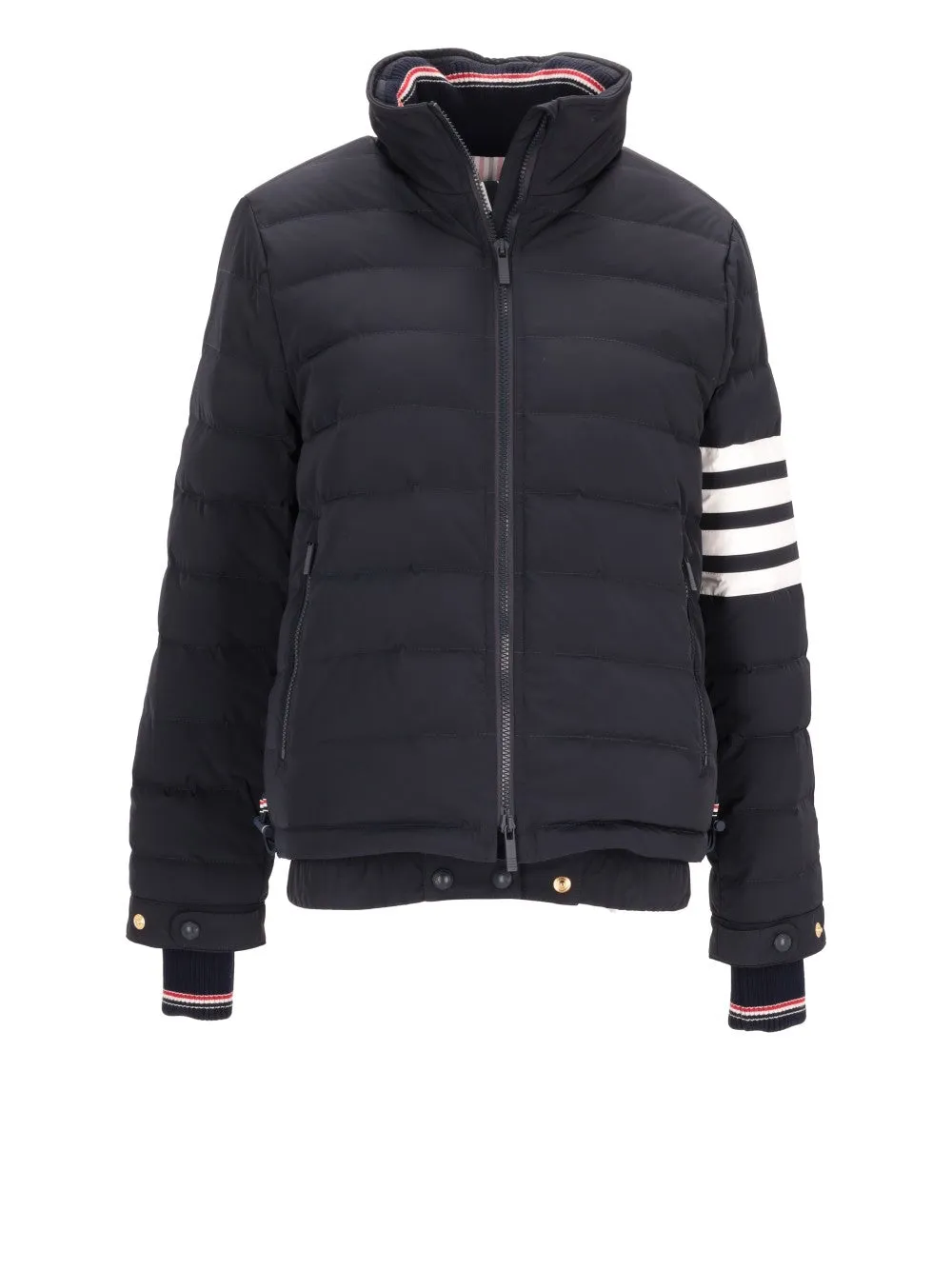 DOWN FILL FUNNEL NECK ROLL OUT HOOD SKI JACKET W/ 4 BAR INTARSIA IN POLY TWILL
