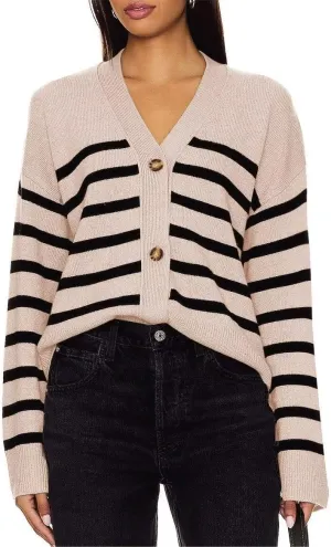 Dressmine Womens Striped Long Sleeve Sweater Tops Open Front Button Knit Casual Oversized V Neck Cardigan