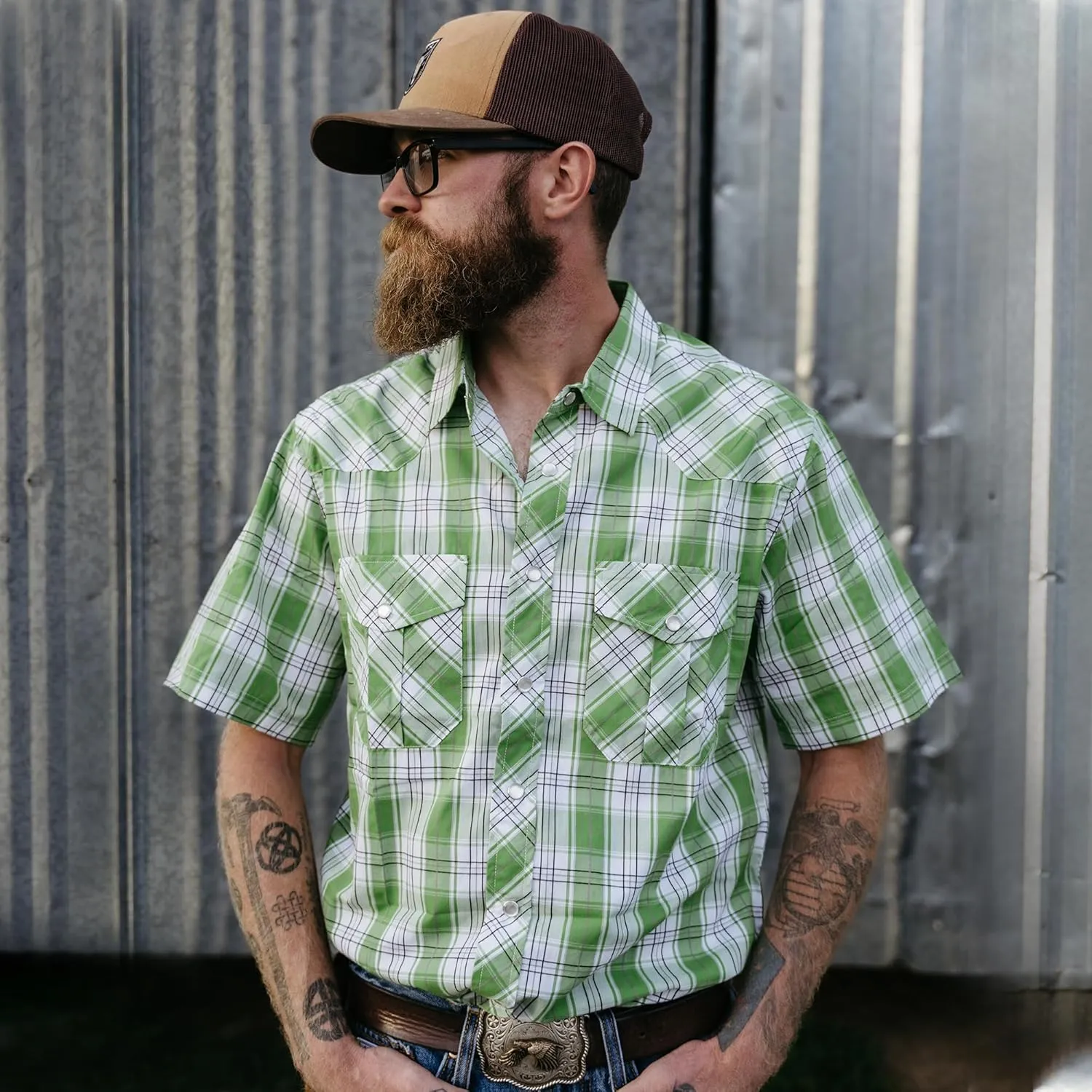 Dubinik Western Shirts for Men Short Sleeve Plaid Pearl Snap Shirts for Men Button Up Shirt Cowboy Casual Work Shirt