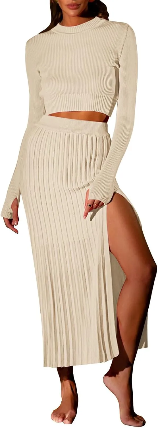 Duigluw Women 2 Piece Outfits Winter Long Sleeve Crop Top Bodycon Pleated Skirt Knit Sweater Dress Set